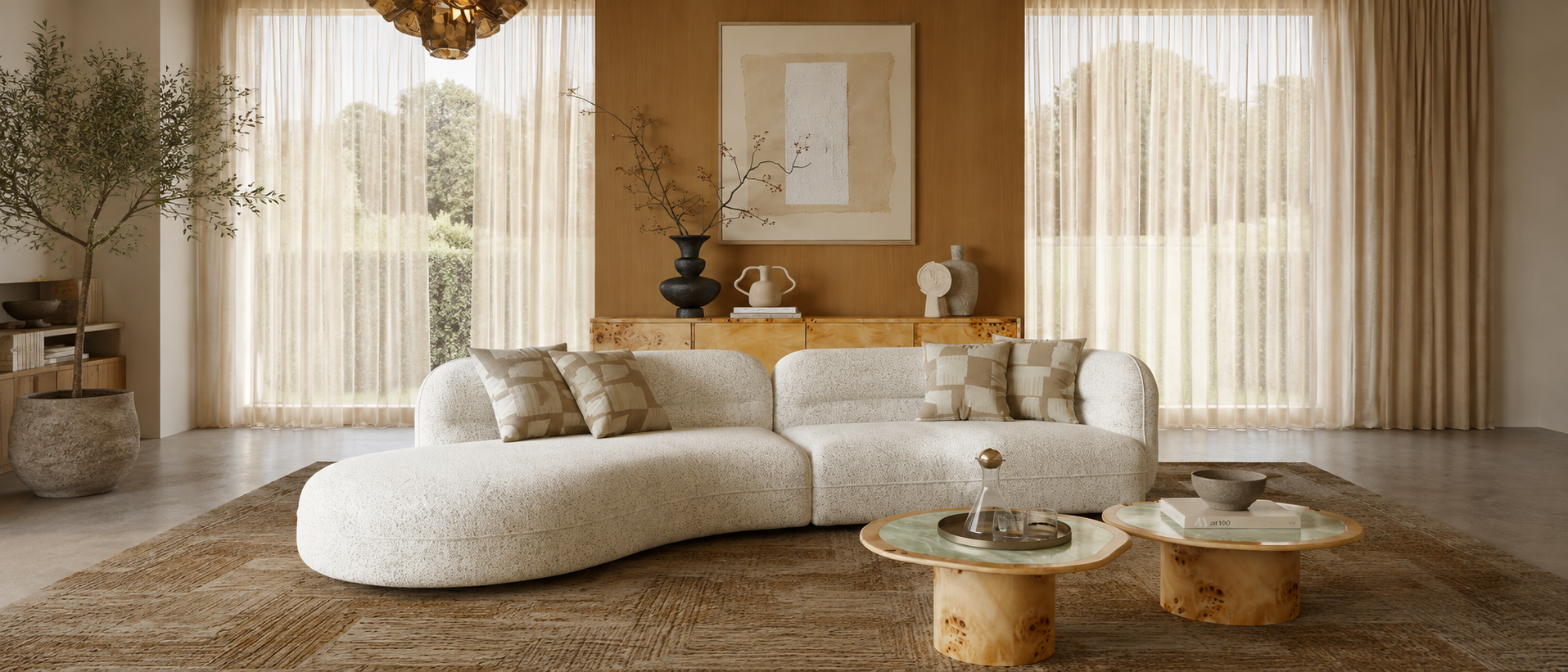 Layered home textiles in a relaxed interior setting