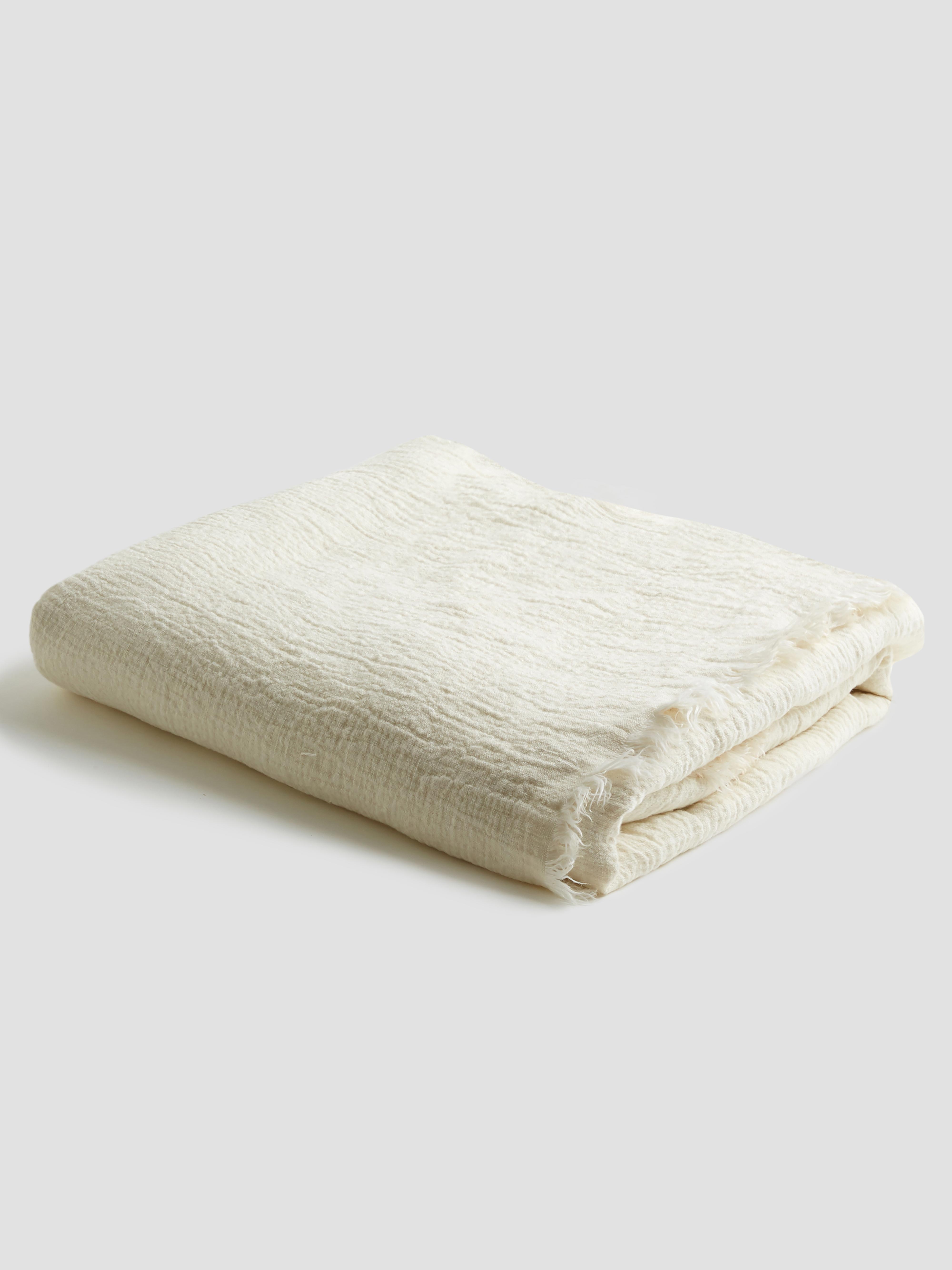 Cream Stonewashed Linen Crinkle Throw Blanket